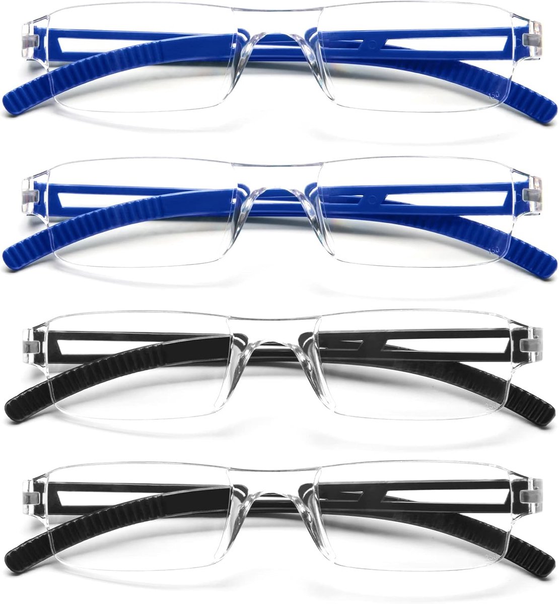 Brillen voor dames en heren, met heldere, rechthoekige blauwlichtblokkerende bril (2 zwart + 2 blauw, 1,5)