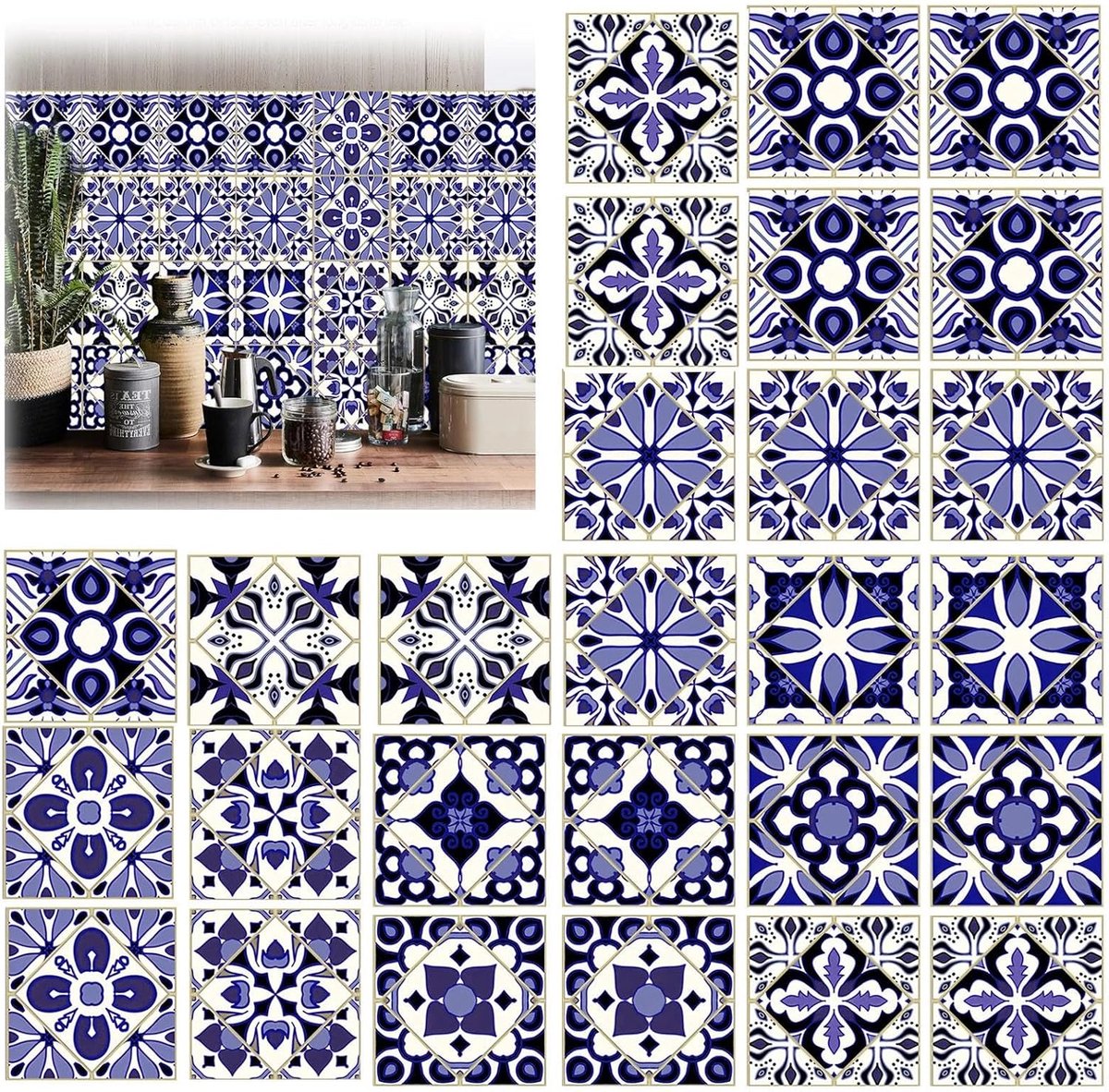 Tegelstickers badkamer waterdicht | Marokkaanse stijl blauwe folie voor tegels badkamer, 10 patronen, voor badkamer, keuken en balkon