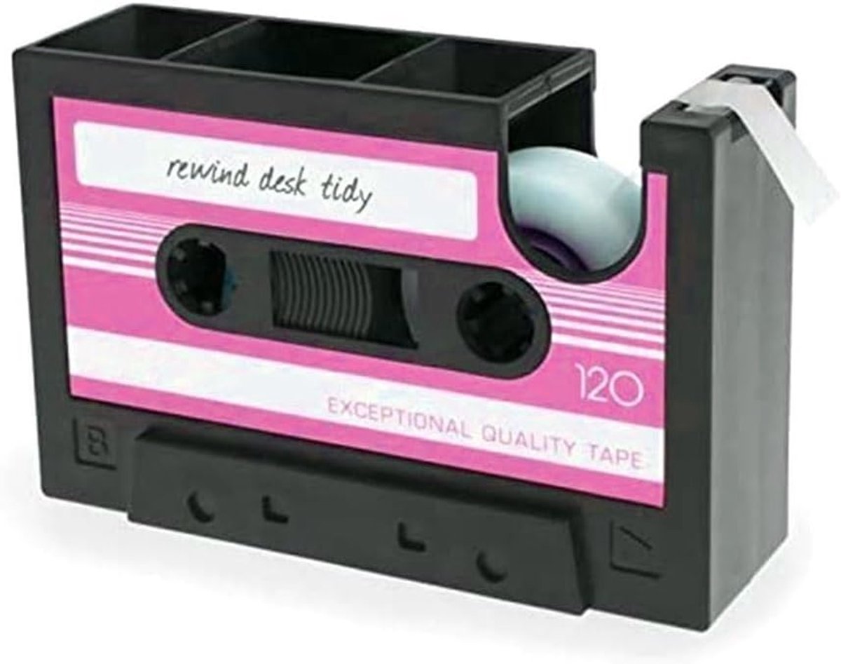 Plakbanddispenser retro cassette - roze-zwart - schattig ontwerp - leuk voor kantoor - SnelShoppen