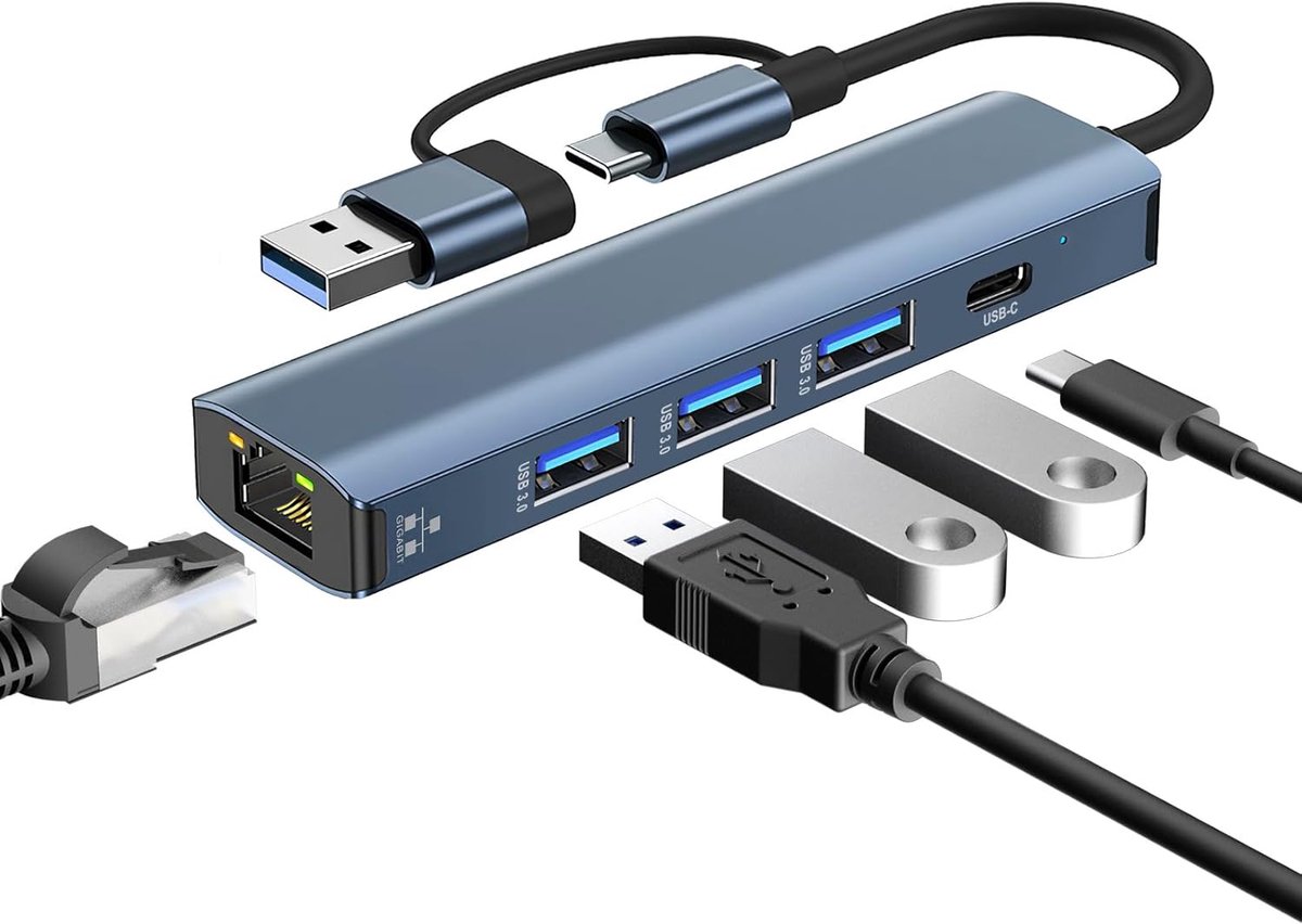 USB C LAN Adapter 5-in-2 - Ethernet + 3 USB 3.0 + USB Type-C - Snel en stabiel internet - Geschikt voor laptop en PC - SnelShoppen