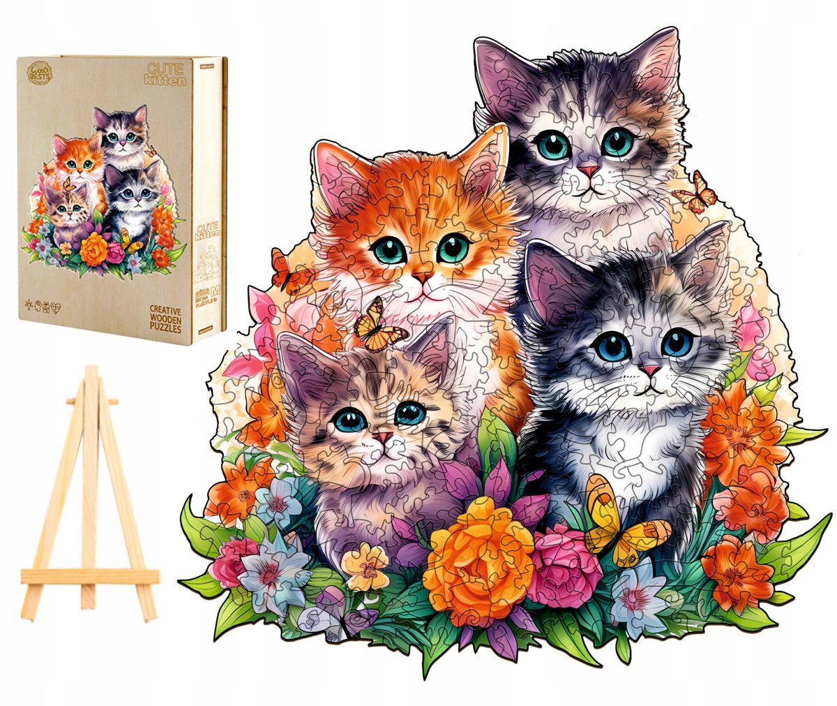 Houten Puzzel 300 Stukjes - Schaduwrijke katten in Houten Doos