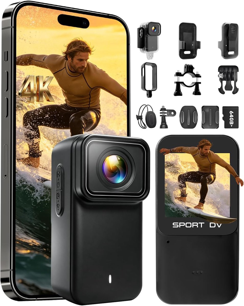 Action camera 4K met 64GB SD - Mini bodycam - 30 m waterdicht - Perfect voor vlogs - ShopVlot