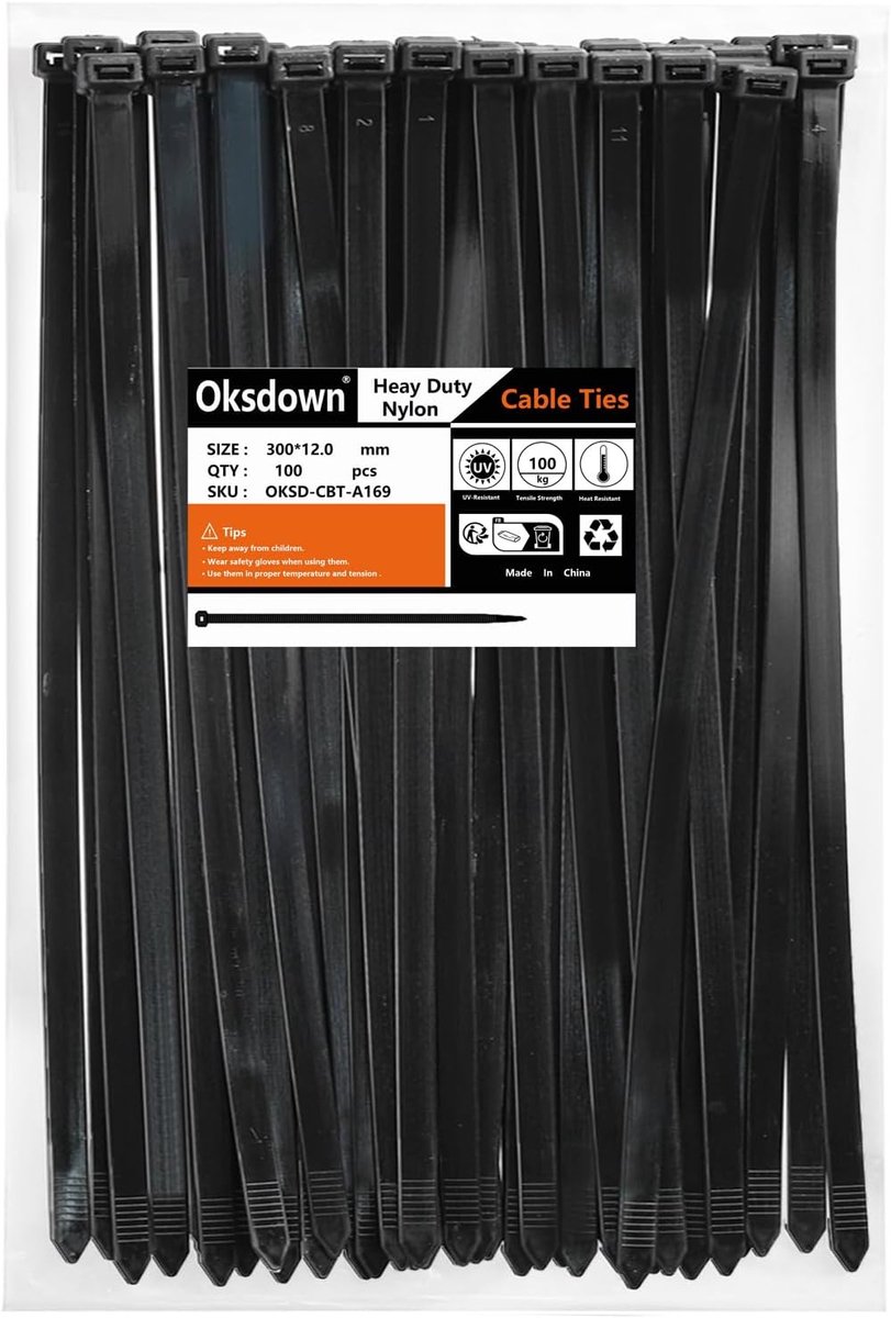Kabelbinders 300mm - Zwart Nylon Plastic - Extra sterk 100kg - Perfect voor kabelbeheer - ShopVlot