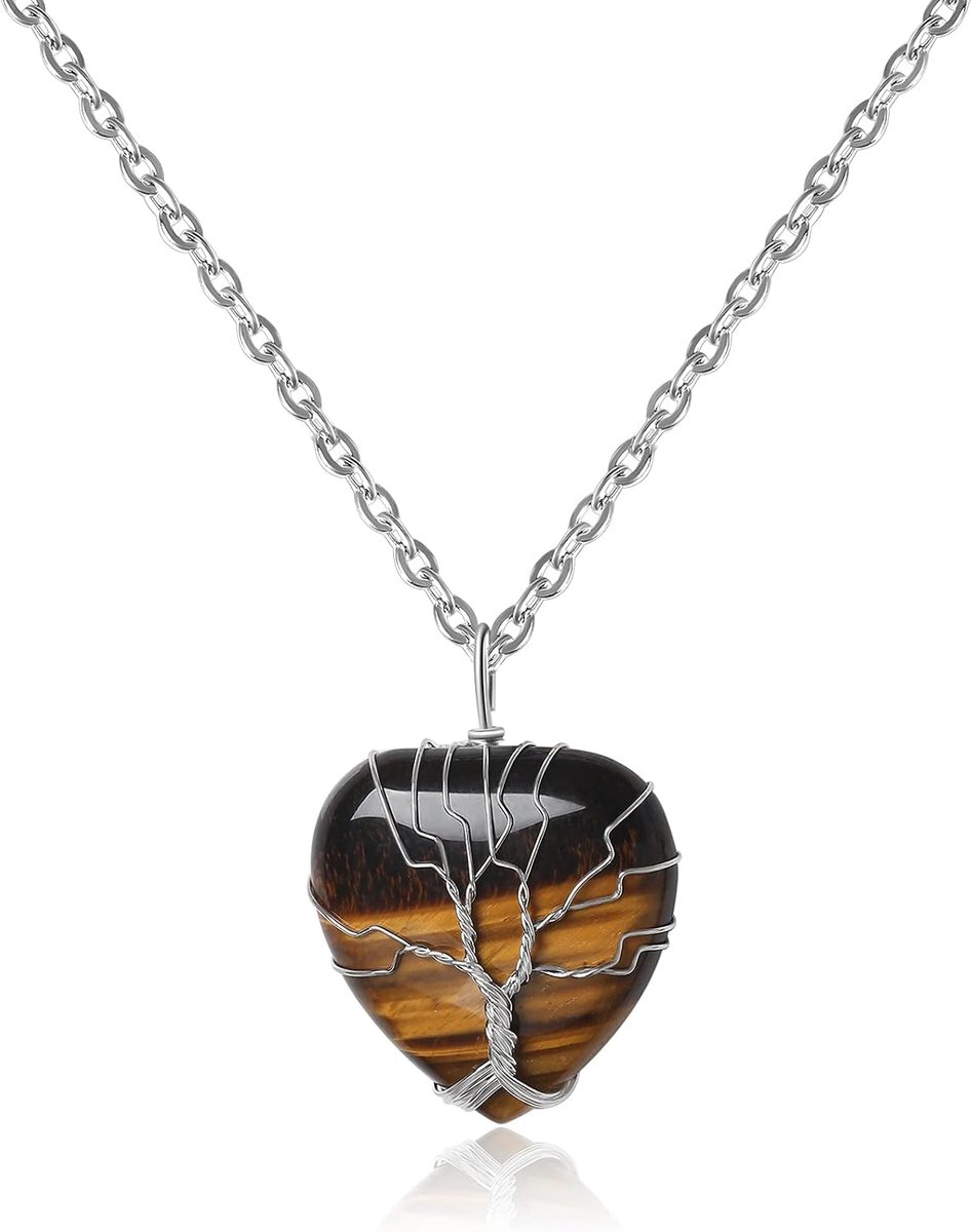Hangerketting hartvorm - Tiger Eye edelsteen - Wire wrapped - Genezing en energie - ShopVlot