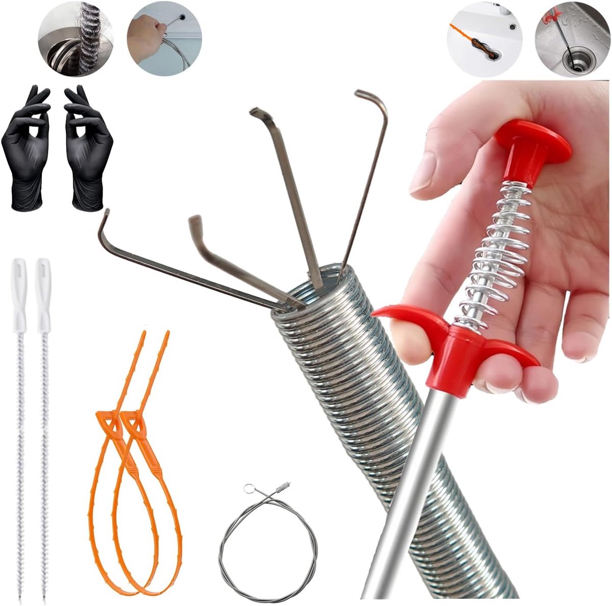 Afvoerreiniger Set 7 Stuks - Inclusief Borstels en Handschoenen - Geschikt voor Keuken en Badkamer - ShopVlot