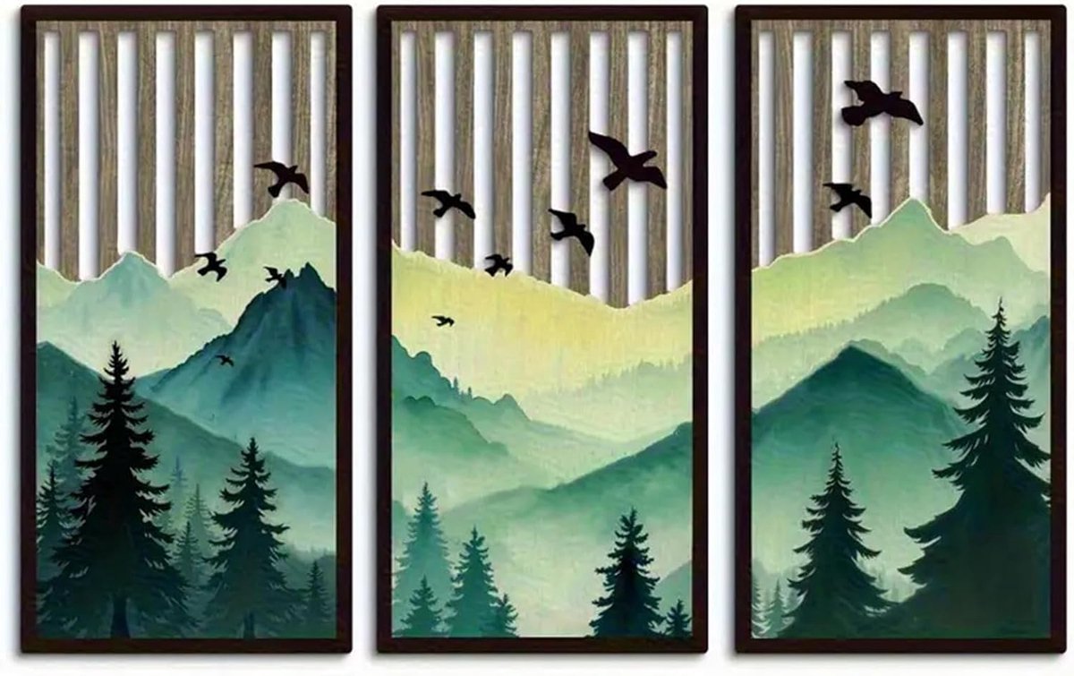 3 stuks boho houten wanddecoratie, 40 x 20 cm, ingelijste muurkunst met nevelberg bosvogels, wanddecoratie voor woonkamer, slaapkamer, hal