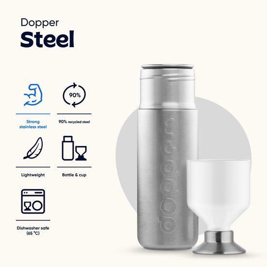 Bouteille Dopper Steel argentée avec gobelet blanc. À gauche : icônes pour solide, léger, lavable au lave-vaisselle, 90% acier recyclé et bouteille/gobelet.
