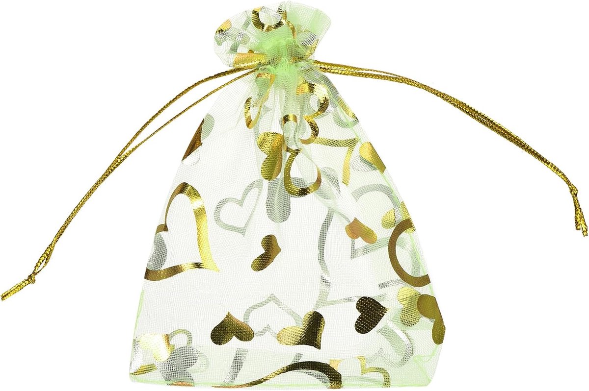 50 stuks organzazakjes, 9 x 12 cm, cadeauzakjes, sieradenzakjes, hartpatroon, mesh-zakjes met trekkoord, organzazakjes voor bruiloft, feest, Kerstmis, snoep, groen-goud