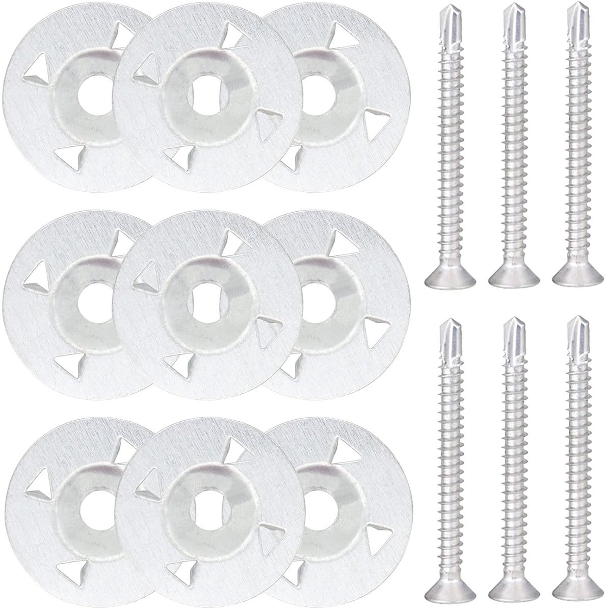 Ringen, 28 mm diameter, klemsluitringen, bouwpakket, 100 stuks roestvrijstalen sluitringen en 100 stuks schroeven voor gipsplaten, isolatie, thermoboard, composietplaten
