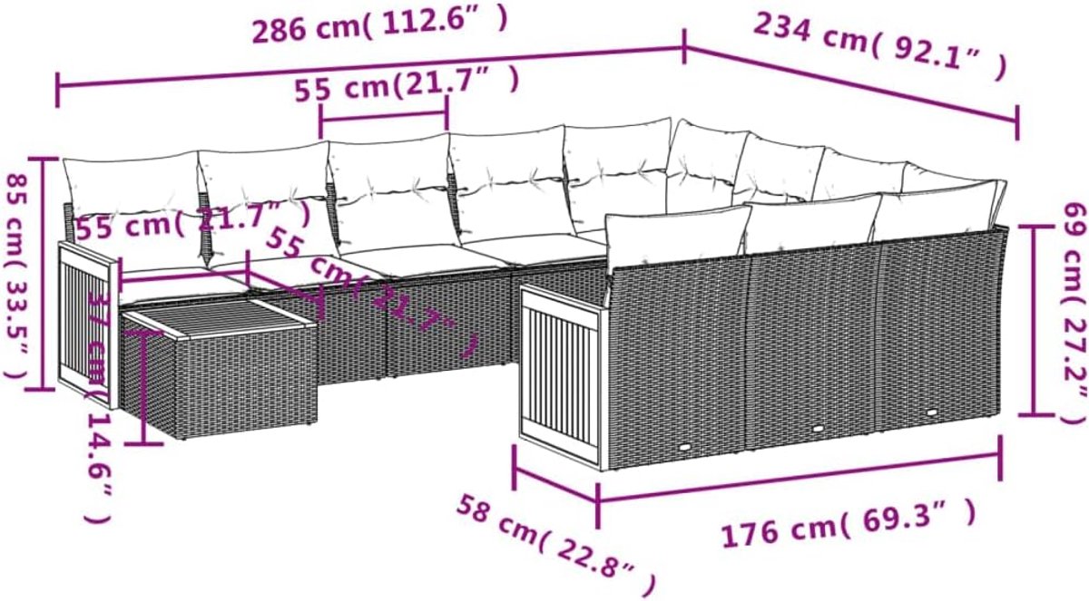 Tuinbankset 11 delig - Grijs met zwarte polyrattan kussens - Waterdichte opbergtas - Comfortabel en modulair ontwerp - SnelShoppen