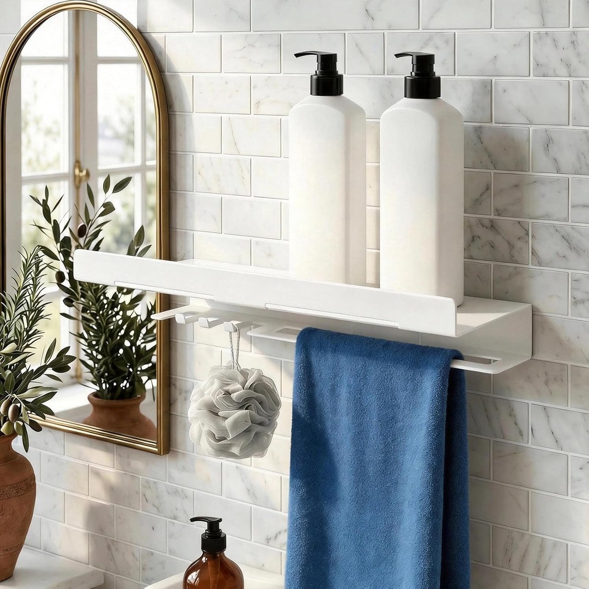 Wandrek 40 cm, doucheplank om te boren met 4 kleine haken en handdoekhouder, wit wandrek badkamer, multifunctionele douchegelhouder, voor badkamer, keuken en woonkamer