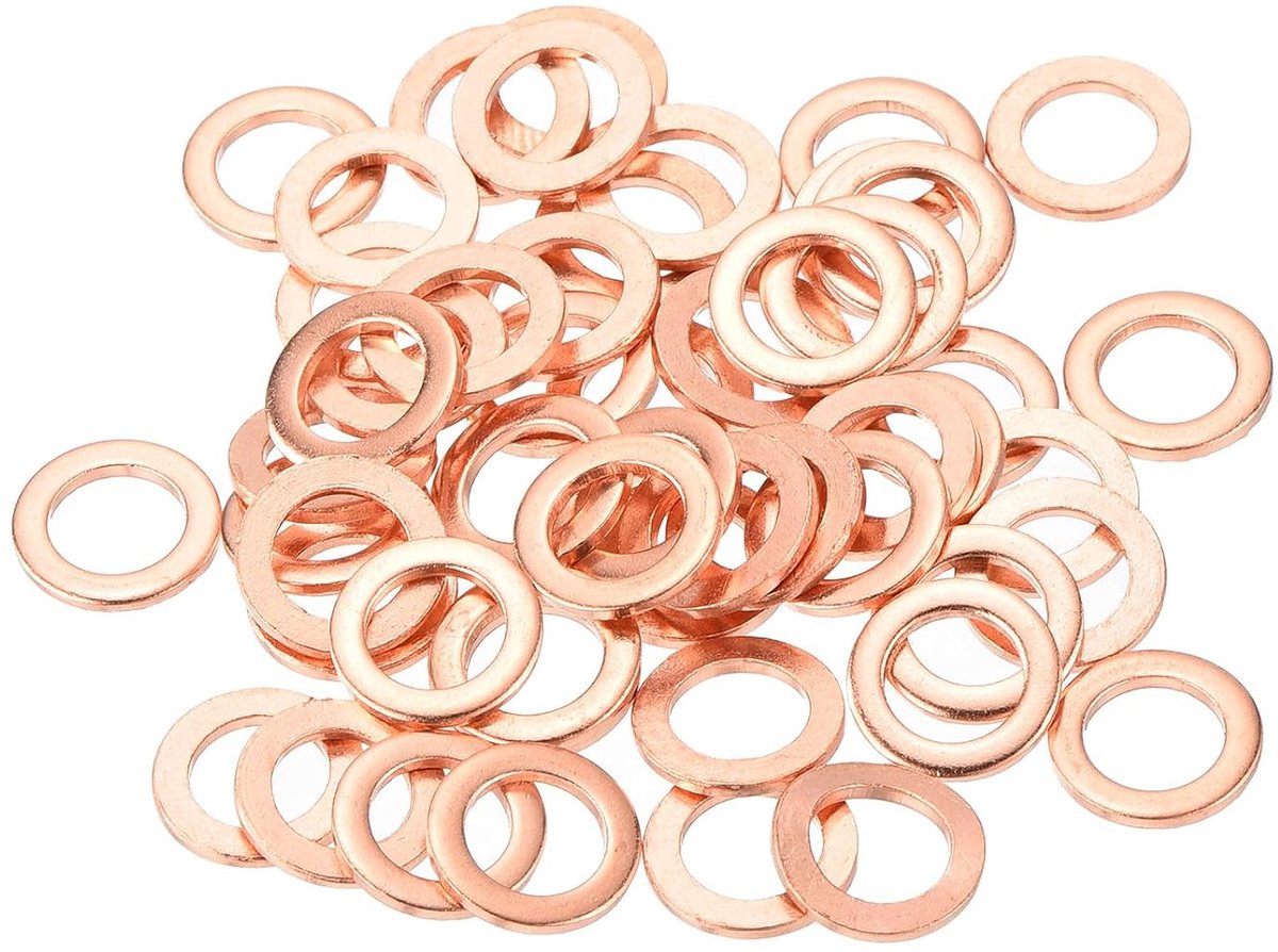52 stuks platte koperen afdichtingen, 6 x 10 x 1 mm koper, platte metrische afdichtingen voor hydraulische fittingen, schroeven, bouten, moeren, elektronica-reparatie