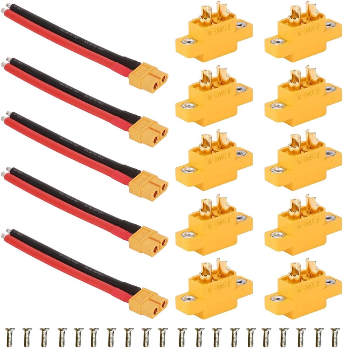 5 stuks XT60 stekkers mannelijk met 10 cm 12AWG siliconen kabel + 10 stuks XT60E-M inbouwstekker, XT60E-M stekker inbouwbus met binnenzeskantschroeven