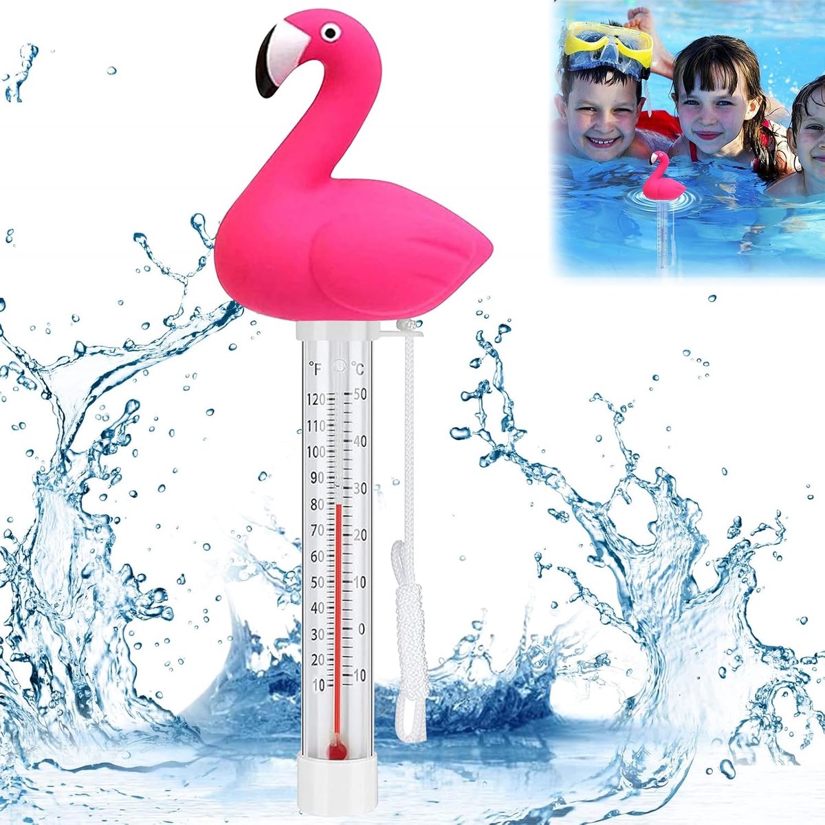 Zwembadthermometer, dierenwatertemperatuur, thermometer, zwembadthermometer, gemakkelijk afleesbaar, 's nachts thermometer voor binnen en buiten, zwembad, aquaria, visvijvers (flamingos)