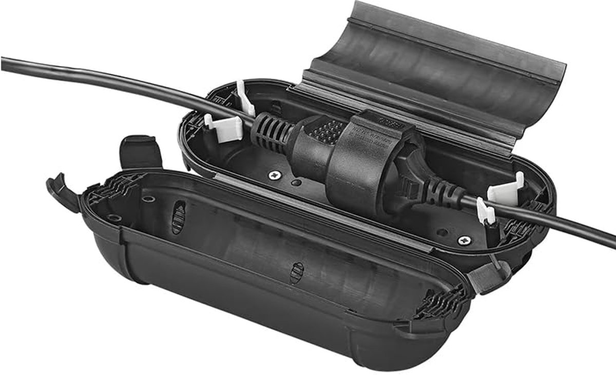 Waterdicht IP44, outdoor - beschermbox voor verlengkabel en veiligheidsstekker - CEE, beschermhoes, trekontlasting, in zwart, blauw, groen, rood (zwart, voor Schuko-stekker)