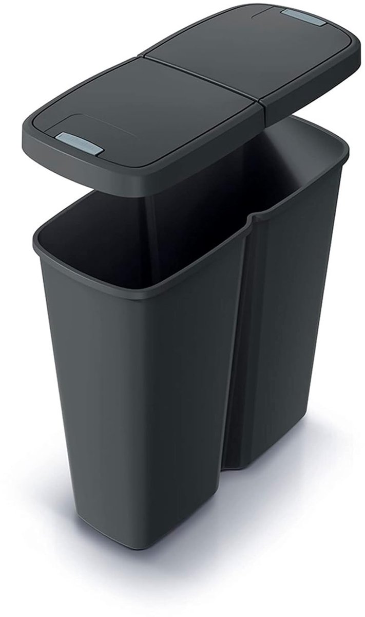 Vuilnisbak 50 liter - zwart kunststof - met 2 aparte deksels - ideaal voor recyclen - SnelShoppen