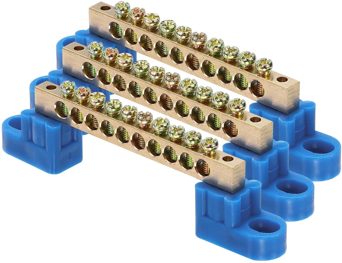 Aardingsklemmen, 3 stuks, messing klemlijst met 10 posities en schroeven, grondklemmenblok 6 x 9 mm, voor elektrische apparaten, verdelerdoos, blauw