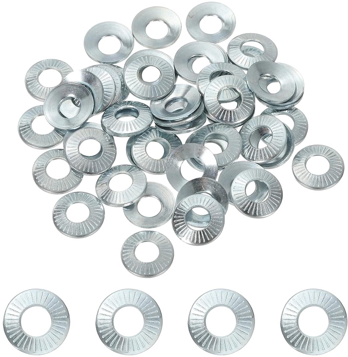 Platte sluitringen, M4 x 10 x 0,7 mm, 50 stuks, staal, 65 Mn veerringen, conisch, geribbeld, metrische afdichting, voor auto's, industriële bouw (wit verzinking)