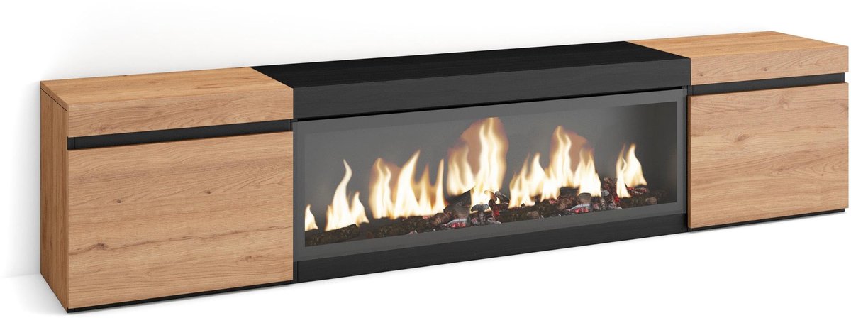 TV-meubel Lowboard 210 cm - Eiken/Zwart - Elektrische haard XXL - Voor tv's tot 80" - SnelShoppen