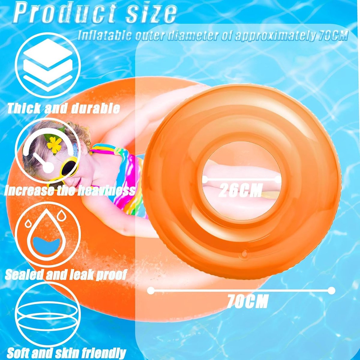 Zwembad Opblaasbare Zwemringen, 70/90 cm Opblaasbare Zwembad Float Rubber Ring, Kleur Flotatie Buizen Ringen Zwembad Floaties Zomer Strand Zwembad Party Watersport (Oranje, 70CM)