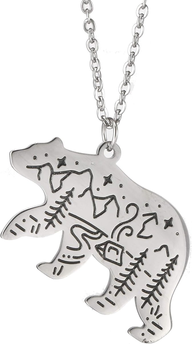 Rvs Leuke Ijsbeer Ketting Gegraveerde Mountain Forest Star Cabin Natuur Dier Hanger, Roestvrij staal, Geen edelsteen