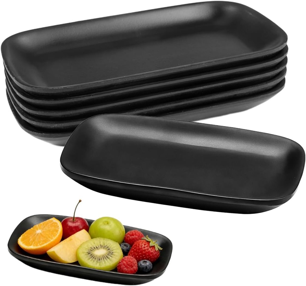 Zwart, 15,5 x 9 x 2 cm, voorgerechtenborden, rechthoekig | mat zwart, melamine dessertborden, rechthoekig, voor sushi, koude gerechten, bijgerechten, desserts, cake, dipsaus, 6 stuks