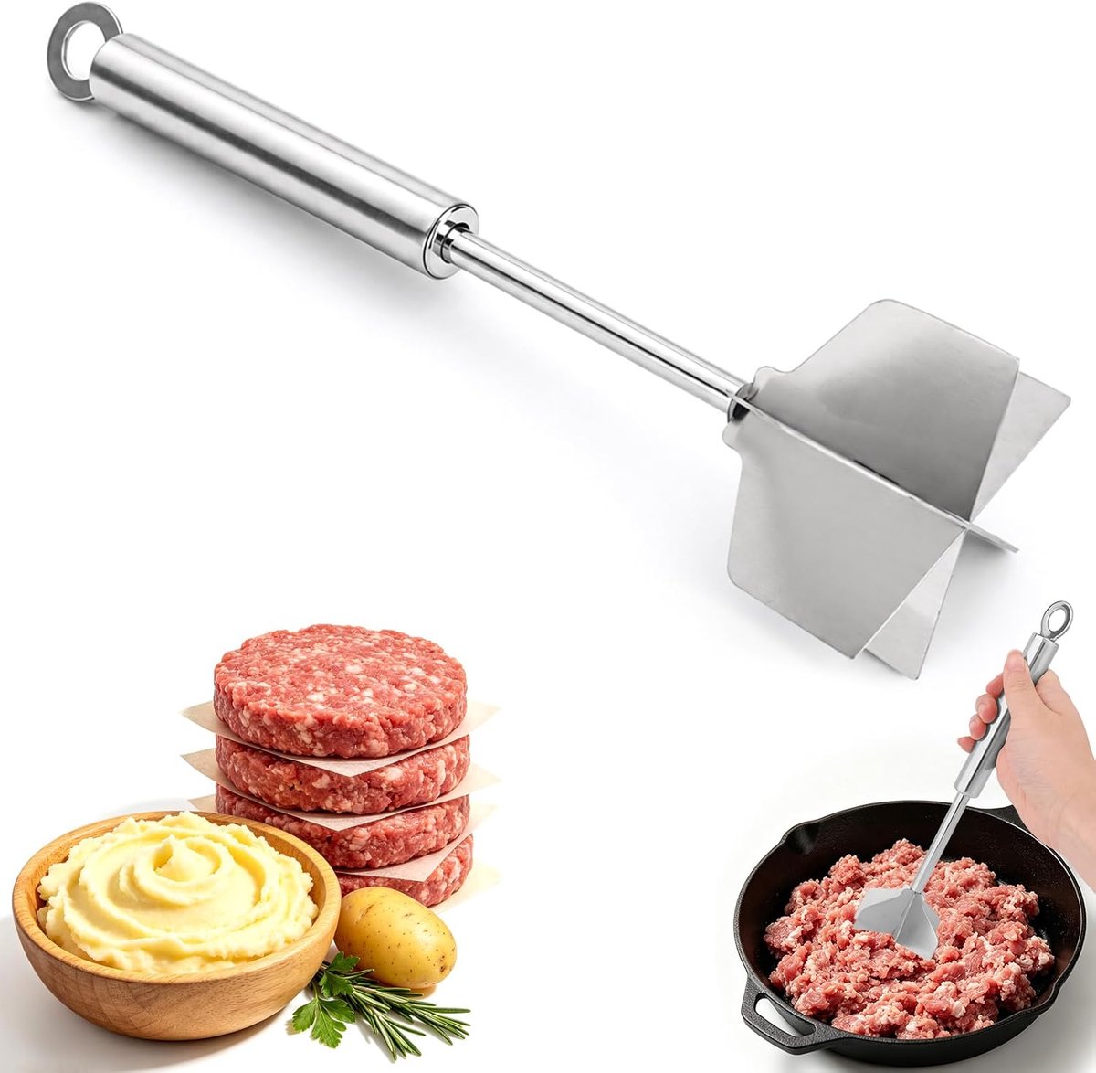 26,5cm 304 Roestvrij Staal 6-Bladig voor Gehakt Hamburgerstamper en Aardappelstamper Multifunctioneel Keukenhulpmiddel voor Het Mengen van Vlees Groenten en Maaltijdvoorbereiding