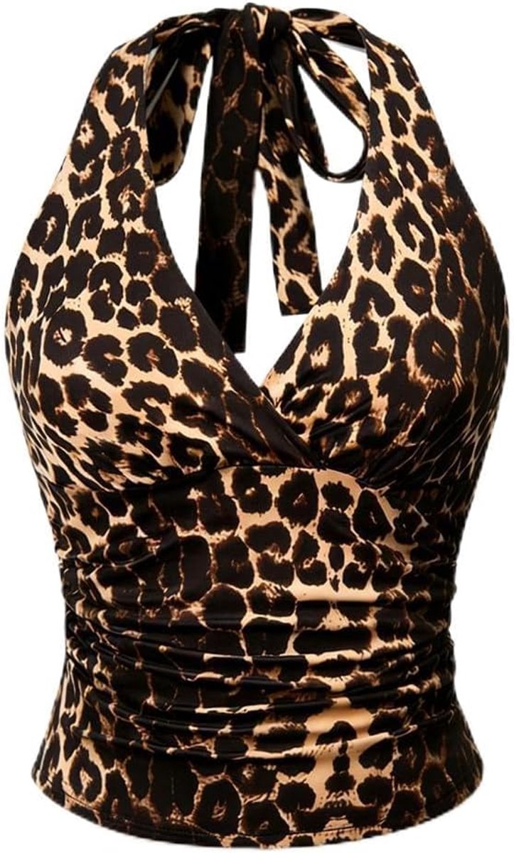 Dames-top met luipaardprint, halternek, open rug, gerimpelde voorkant, diep V-hals, zomerse sexy look, vierkante hals, mouwloos, top - Y2K-trend voor feest, club, festival M