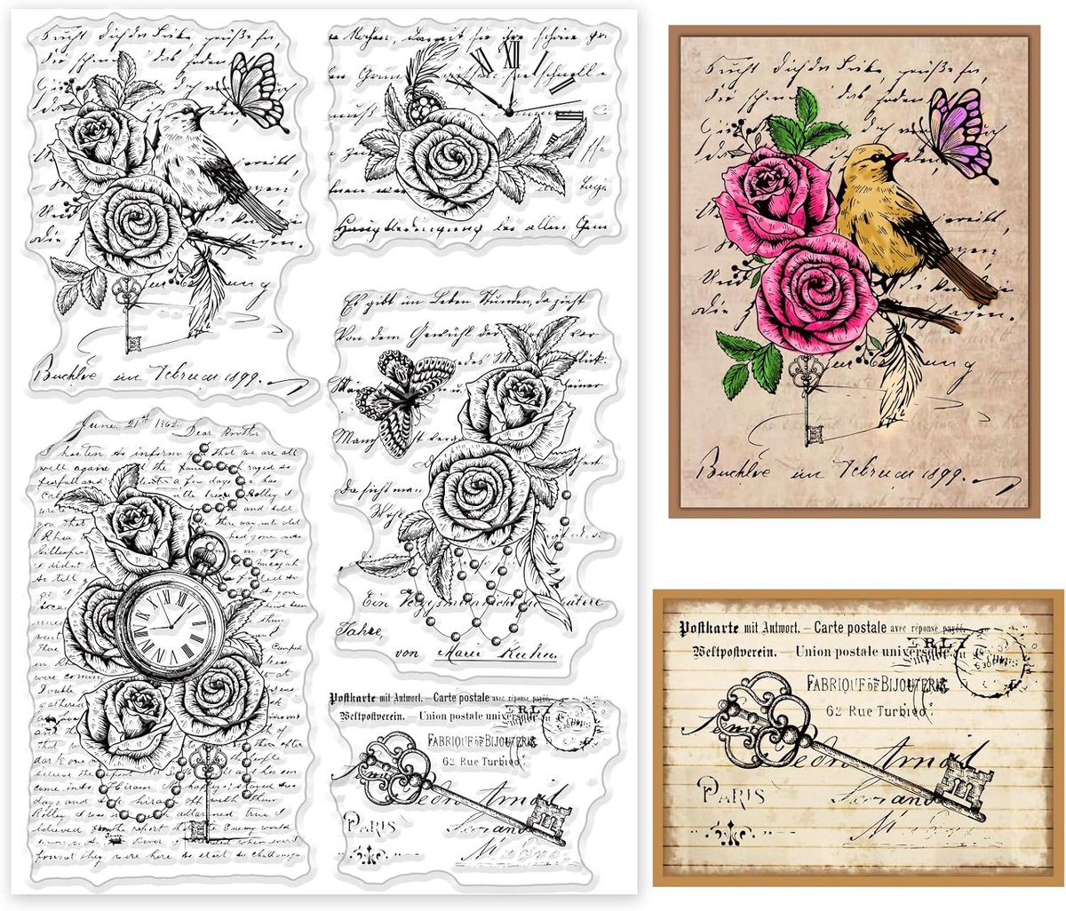 Vintage Houten Achtergrond Clear Stempel 8.3x11.7 Bloem Vlinder Siliconen Retro Klokken Manuscript Transparante Zegel voor Kaarten Maken DIY Scrapbooking Fotoalbum