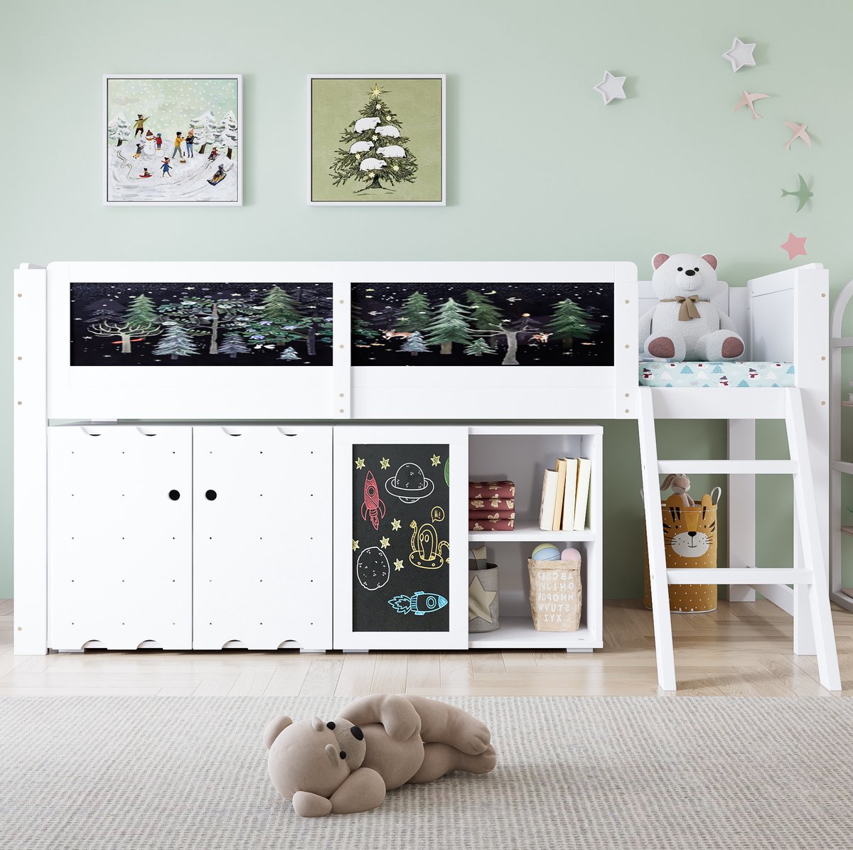 FloraGrace Hoogslaper 90x200 Cm - Kinderbed Met Opbergruimte En Kreidetafel - Schrägleiter En Veiligheidshekje - Hout En MDF - Wit - Zonder Matras