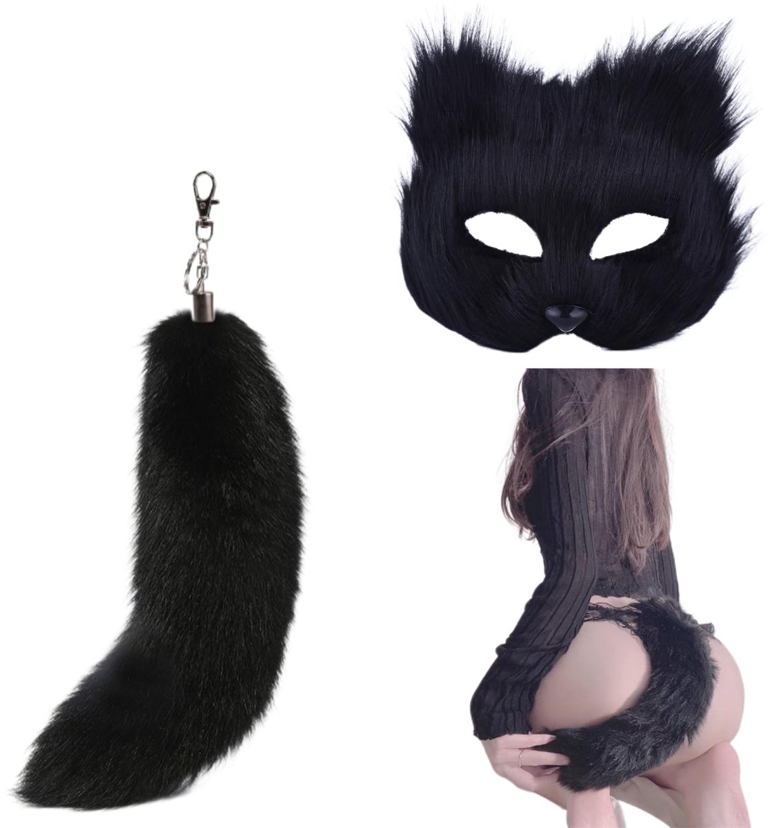 Therian masker katten/vossen - zwart - met harige staart - voor cosplay/fancy party - ShopVlot