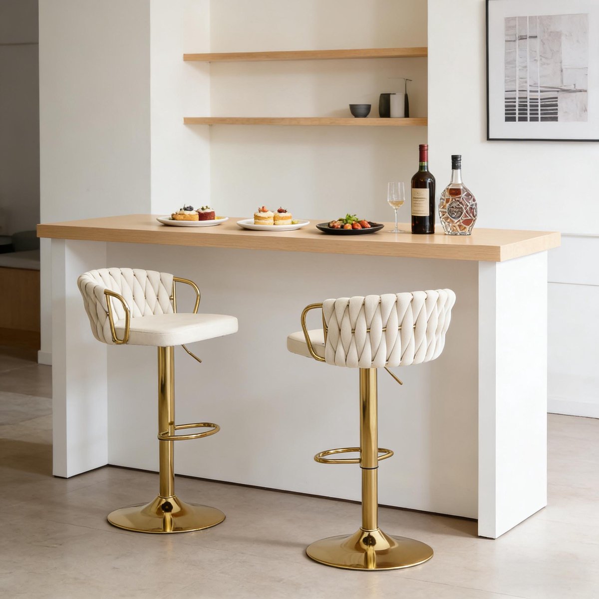 DESMIU Barstoel Set Van 2 – Verstelbare Hoogte En 360° Draaibaar – Voor Keuken, Eiland En Bar – Velvet – Cream White