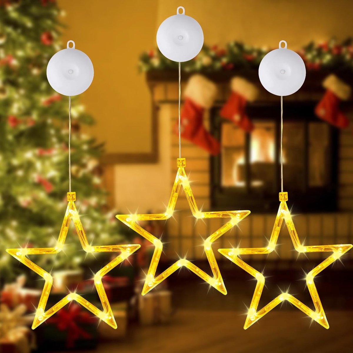 Kerstster Decoraties Set van 3 - Warme Witte Verlichting - Suction Cups voor Raamdecoratie - ShopVlot