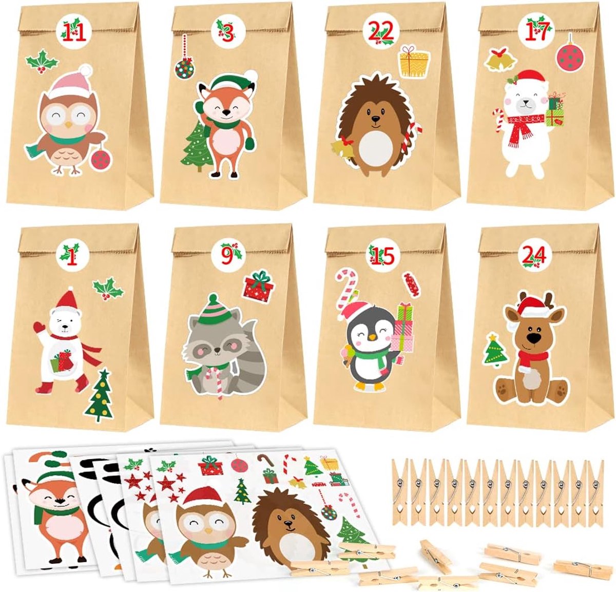 Adventskalender papieren zakken 24 stuks - DIY advent kalender - schattige dierenstickers - tel af naar kerst - ShopVlot