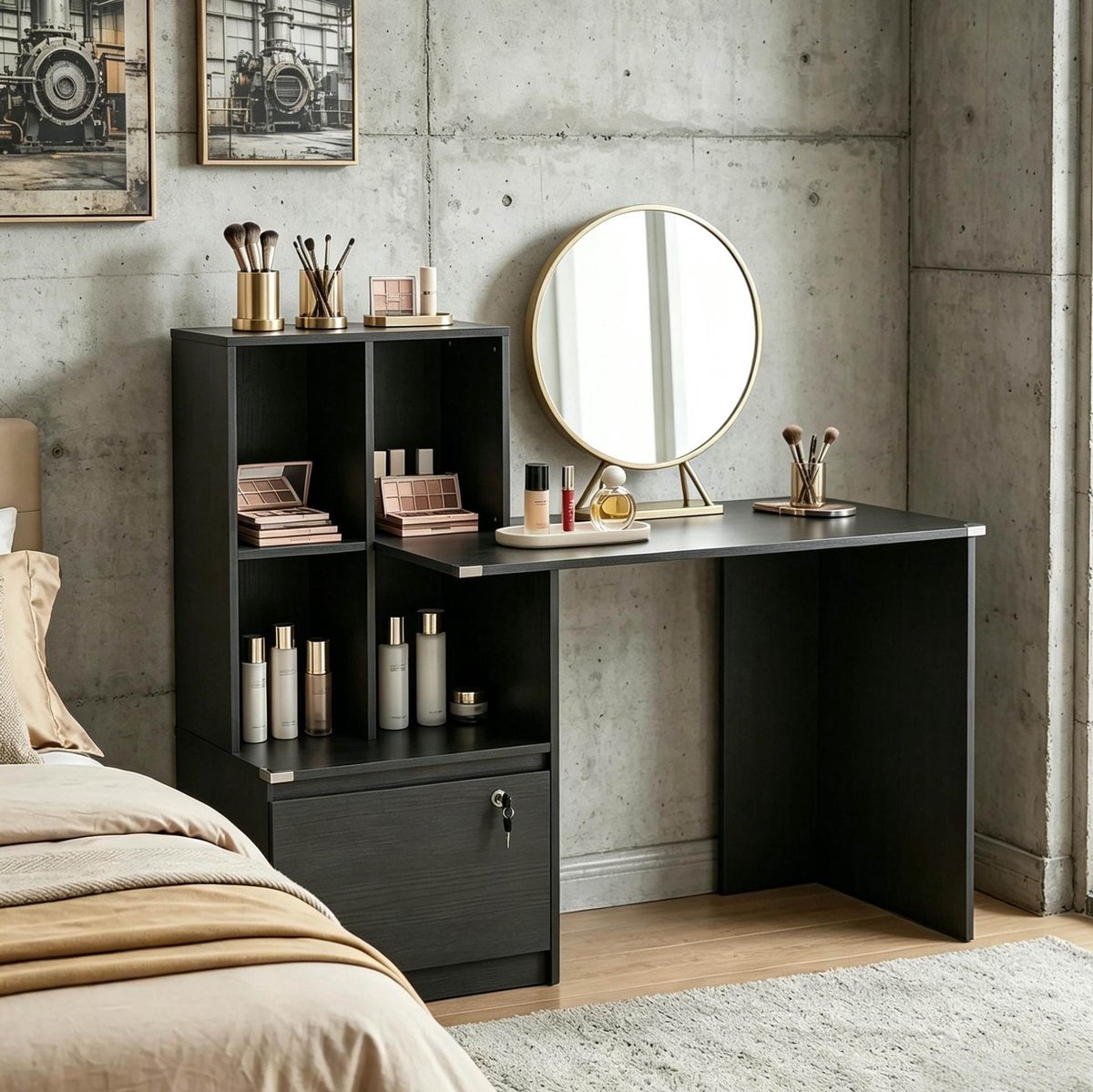 Make-Up Tafel En Computerbureau Met Opbergrek En Afsluitbare Lade - Modern Design Voor Slaapkamer En Werkkamer - Zwart - 126x50x109 Cm