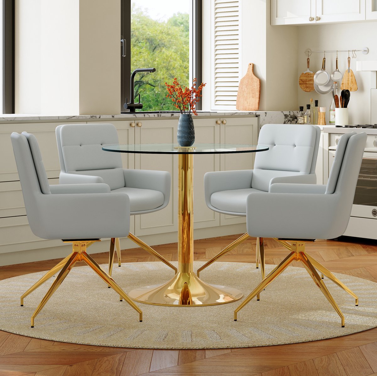 Ronde Glazen Eettafel 85 Cm Set Met 4 Draaibare Stoelen - Lichtgrijs Pu - Modern Goudkleurig Metaal - Voor Eetkamer En Woonkamer