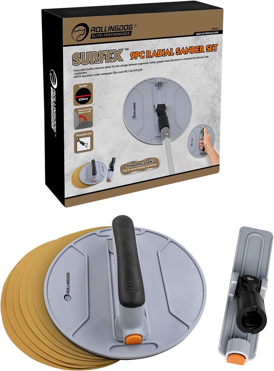 Rond schuurblok 220mm - 9-delige set met schuurpapier - ergonomische handgreep - ideaal voor het schuren van muren - ShopVlot