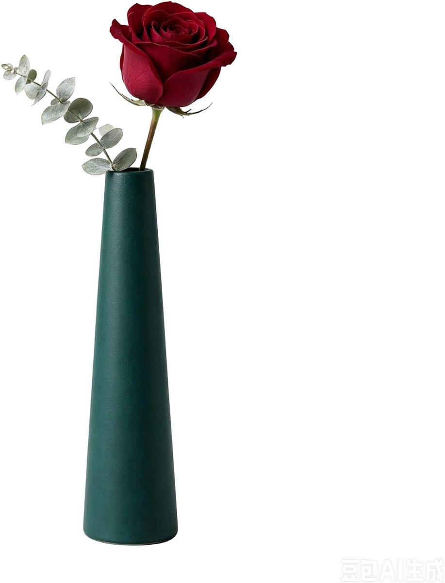 Keramische Bloemenvaas Hoog Conisch - Donkergroen - Enkele Handgreep - Perfect voor Minimalistische Bloemstukken - ShopVlot