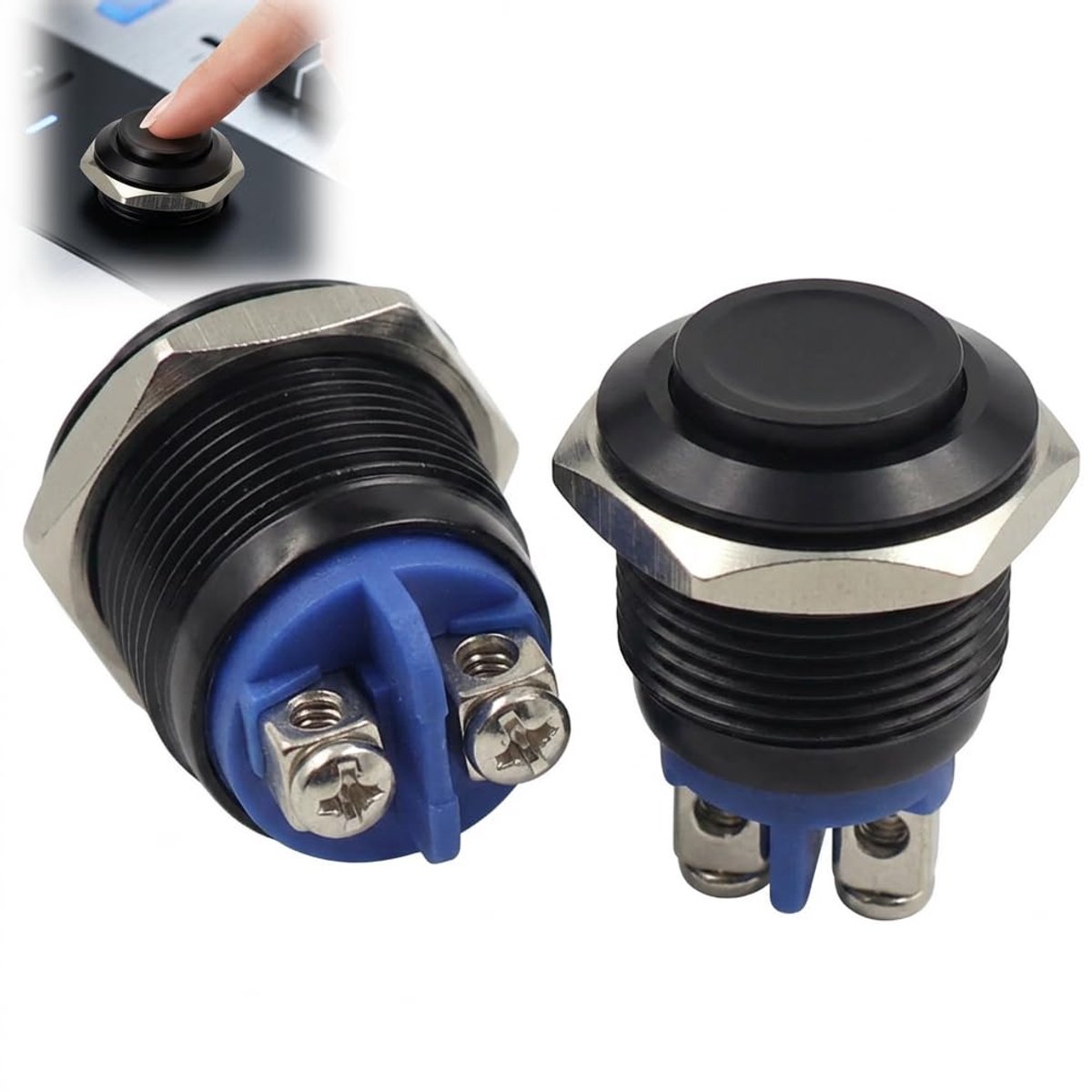 Set van 2 drukknoppen, 16 mm, metaal, 12 V/24 V/220 V, 3 A, roestvrije drukknop, voor auto, motorfiets, boot (IP20)