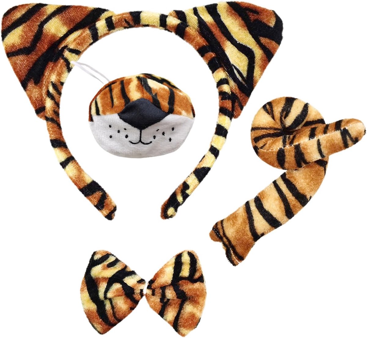 4 stuks tijgerkostuum, tijgeroren, staart, neus en strikset, dierenkostuumset, dierenkostuumset, accessoires voor volwassenen kinderen, dierenthemafeest, carnaval, Halloween, cosplay