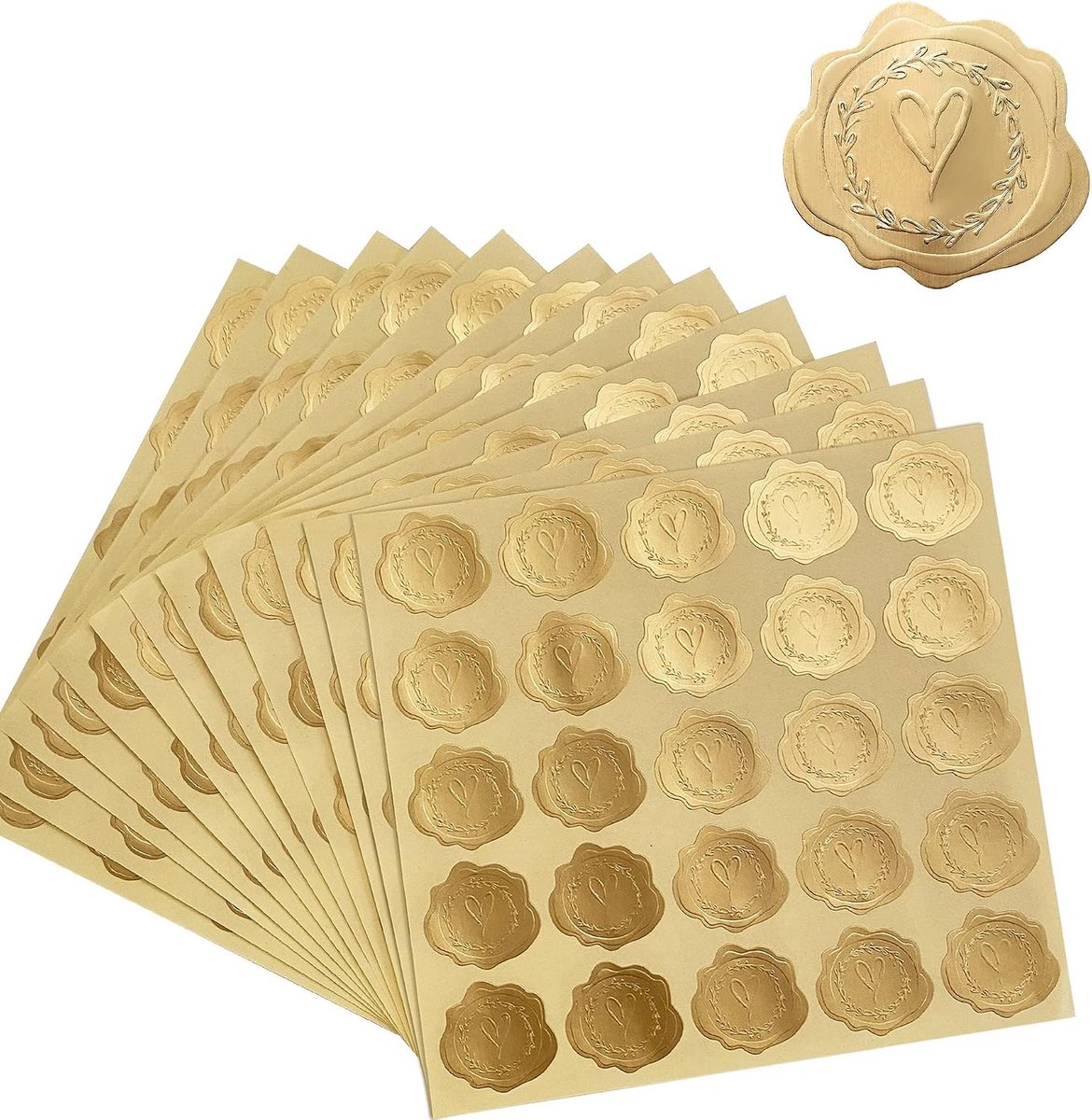 Envelopzegel Stickers - 250 Stuks Goud Reliëf Vintage Etiketten voor Bruiloft Uitnodigingen Enveloppen (Hart)