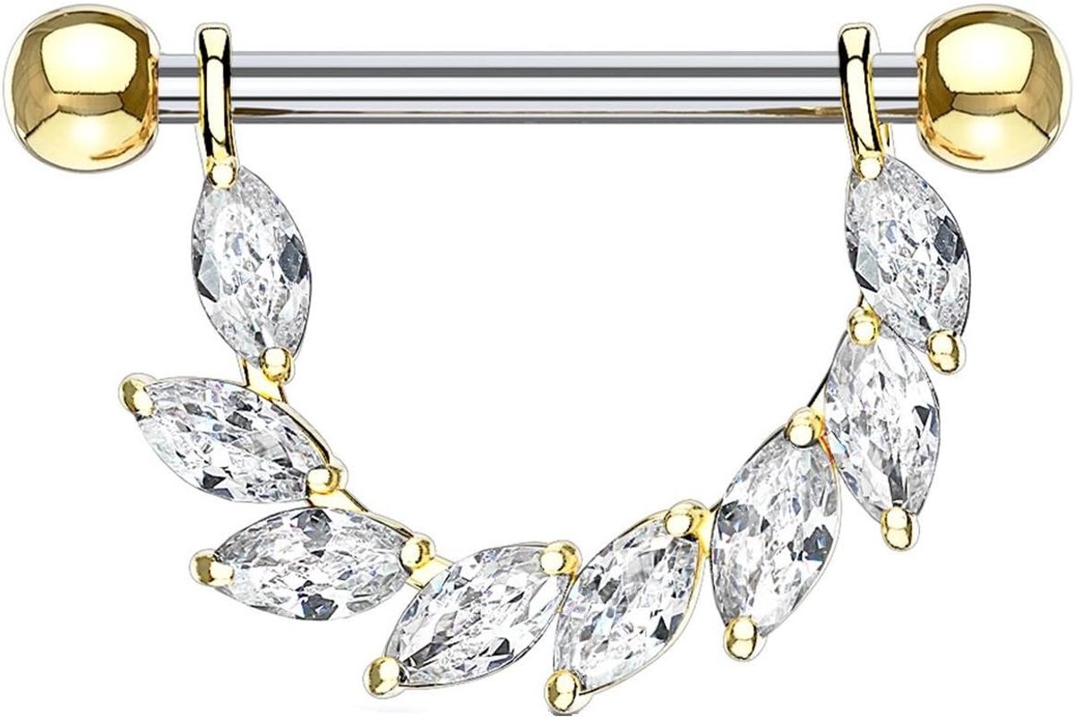 Fonkelende bladerenkrans borstpiercing roestvrij staal zilver goud roségoud vele kleuren staaf 1,6 mm 14 mm, Roestvrij staal, zonder steen