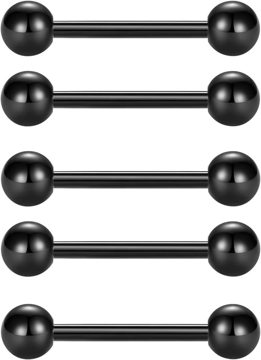 5-delige tongpiercingset, staaflengte van 12, 14, 16, 18 mm, chirurgisch staal, tepelpiercing, Roestvrij staal, zonder steen