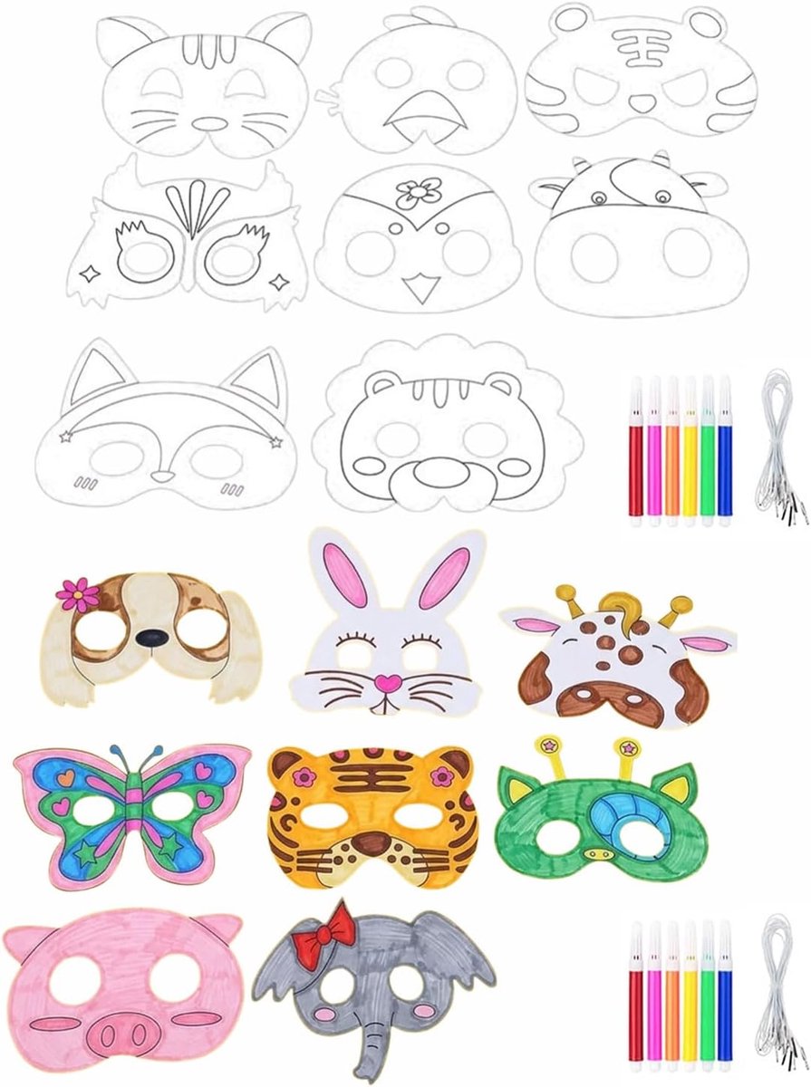 16 Masken für Kinder Diermaskeren Blanko Malen Masken met Bungee-Strings en 12 Kleurrijke Watercolor-Brush,zum Zelf Malen und Gestalten,für Kinder Meisjes Junge Kinderverjaardag Cosplay(B)