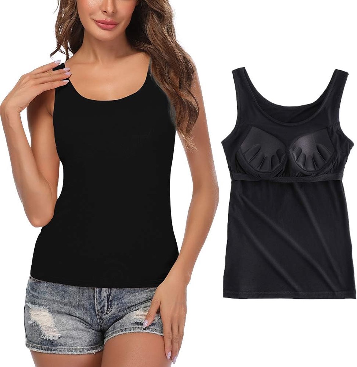 Basic onderhemd voor dames, U-hals, ingebouwde beha, gewatteerde tanktop, XS-2XL