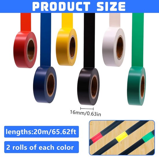 12 stuks isolerende tape, gekleurde set, 16 mm x 20 m, elektrische tape, isolatietape, waterdicht, pvc-plakband voor draadprojecten, isolatie en reparatie van gebroken draden — afbeelding 2