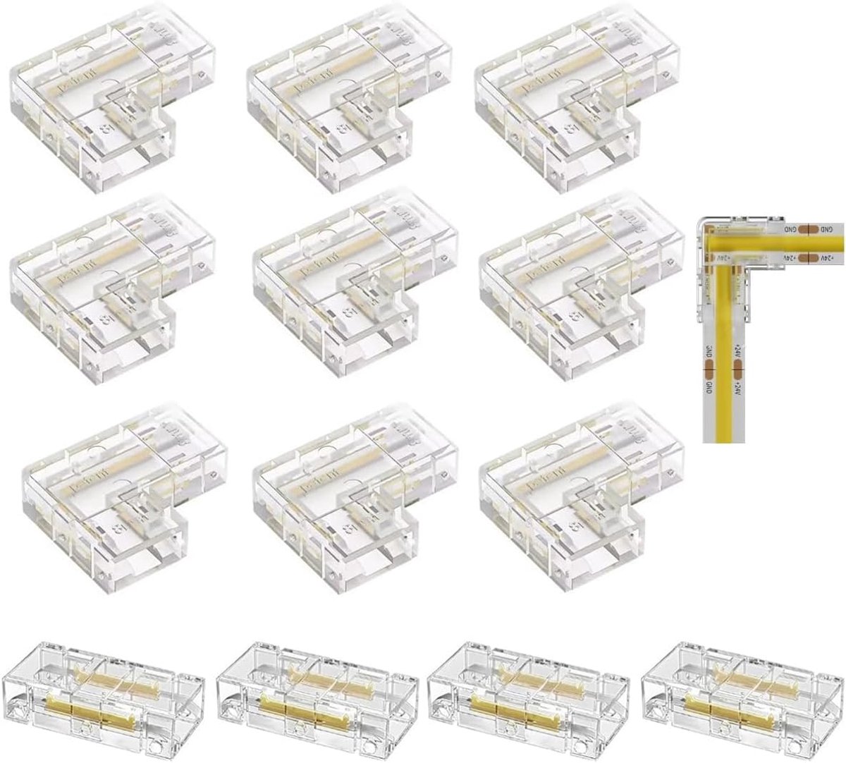 14 Stuks LED Strip Connector 2 Pins 8mm voor COB, Soldeervrije Klemmen Set met 10 Rechte en 4 L-vormige Hoekverbinders om Lichtstrips te Verlengen en te Buigen