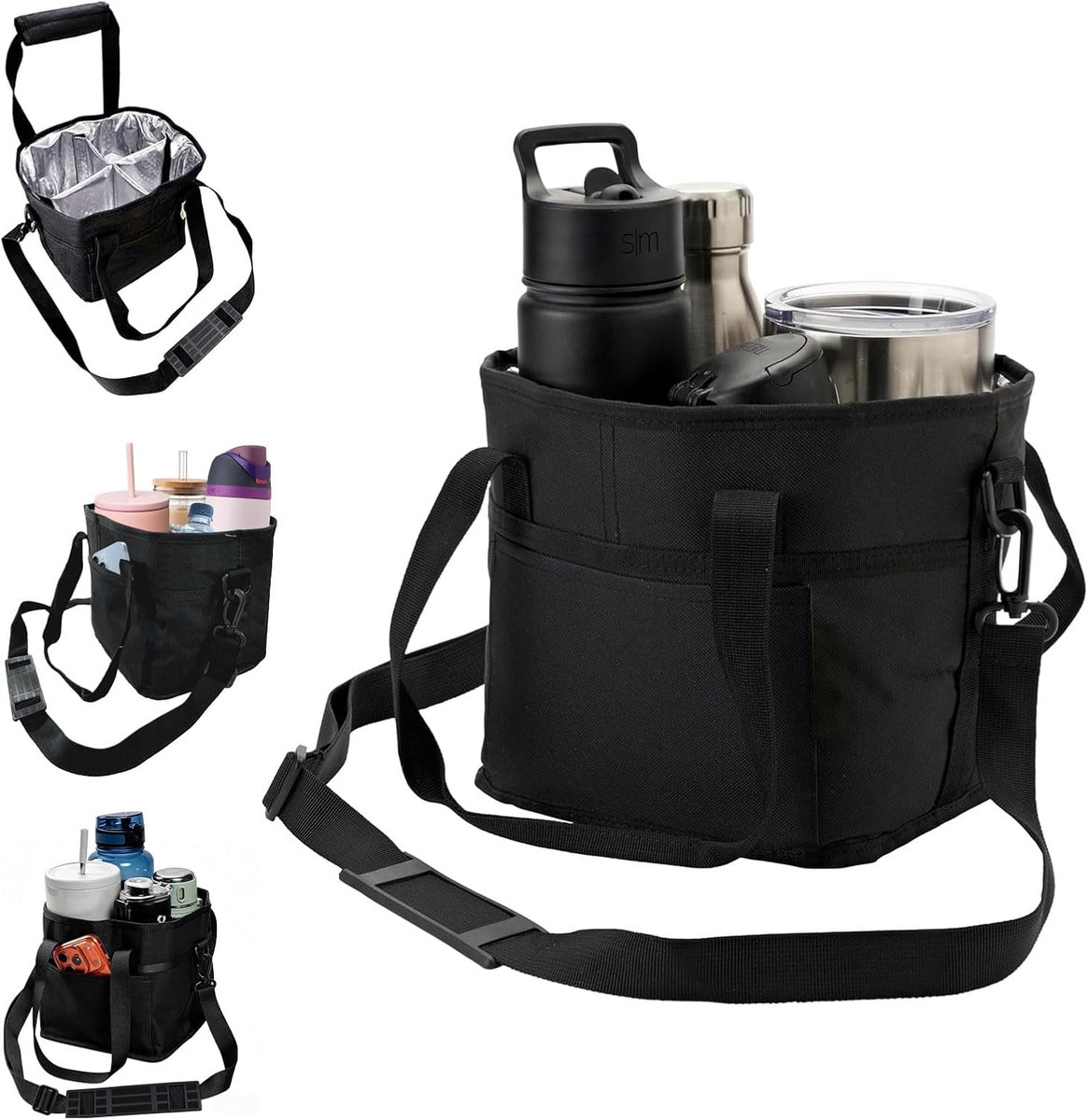 Koeltas, 4-Vaks Flessendrager, Geïsoleerde Tas voor 4 Bekers, Verstelbare Draagriem, Draagbare Flessendrager voor 6 Flessen, Tote Bag voor Koffie, Reizen & Uitstapjes, Zwart