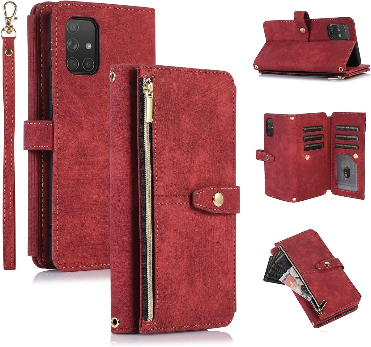 Hoes voor Samsung Galaxy A71, 9 kaartvakken, retro, lederen portemonnee, schokbestendig, flipcase met handlus, standfunctie, ritssluiting, telefoonhoes met magneetsluiting, portefeuille - Retro rode wijn