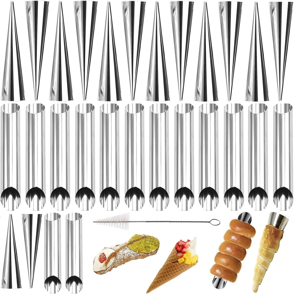 25 stuks schuimrolvormen, klein, met reinigingsborstel, irispelvorm van roestvrij staal, schroefvorm, kegelvormige vorm, voor cannoli-buizen, croissant, slagroomhoorn, bakvormen